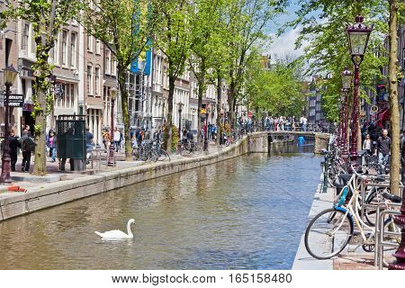 AMSTERDAM NETHERLANDS - JUNE 23 2013: Lively street (Oudezijds Achterburgwal) in the heart of Red Light District in Amsterdam. View from Majoor Bosshardtbrug (bridge nr.211)