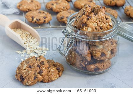 Flourless gluten free peanut butter oatmeal and chocolate chips cookies in glass jar and on table horizontal