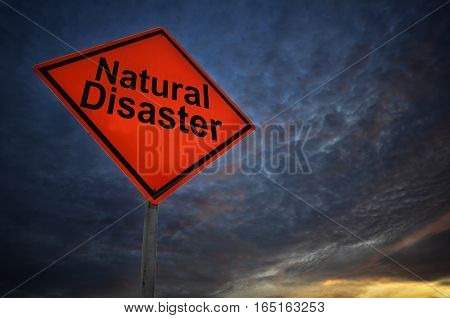 Orange Storm Road Sign Of Natural Disaster