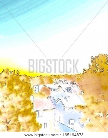 Abstract, digital watercolor of a neighborhood rooftops in California