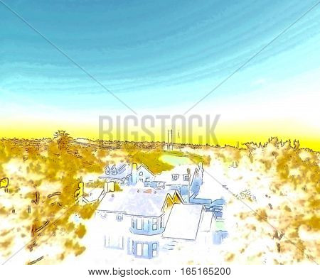 A digital watercolor photo of rooftops in a California neighborhood at sunset.