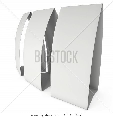 Three blank paper tent cards. 3d render illustration isolated. Table cards mock up on white background.