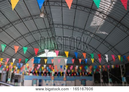 Colorful flags in school swimming pool stock photo