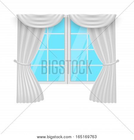 Window curtains. White curtans and windows. Vector illustration