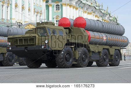 SAINT PETERSBURG, RUSSIA - MAY 05, 2015: Anti-aircraft missile system s-300PM closeup. Rehearsal of parade in honor of Victory Day in St. Petersburg
