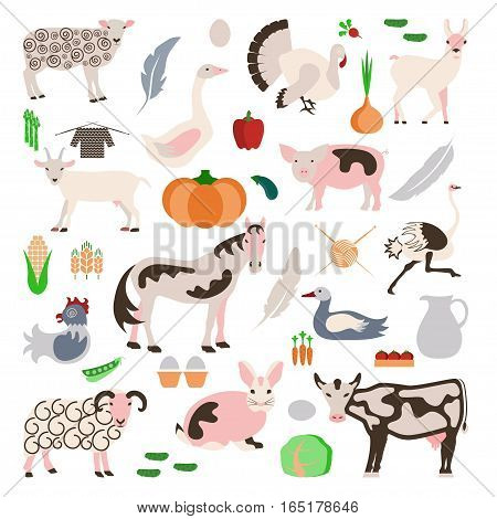 Set farm animals and vegetables icon in modern flat design. Perfect organic farm products banner or flyer. Vector illustration. eps10
