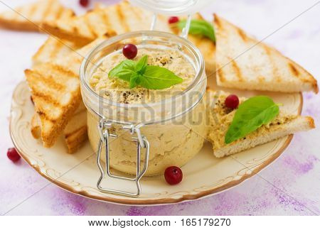 Pate Chicken - Rillette, Toast And Herbs On A Plate