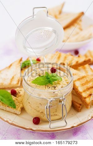 Pate Chicken - Rillette, Toast And Herbs On A Plate