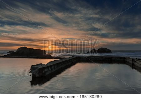 Sunset over Sutro Baths, San Francisco, California, USA