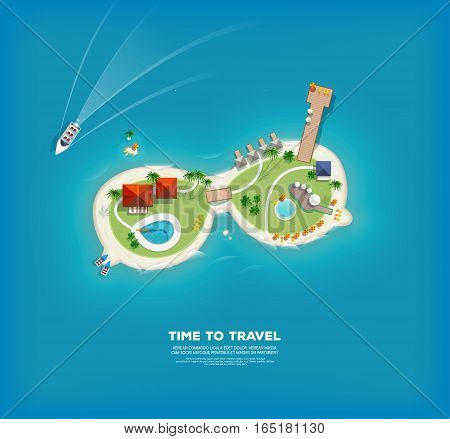 Top view of the island in the form of a sunglasses. Time to travel and vacations poster. Holiday trip. Travel and tourism.