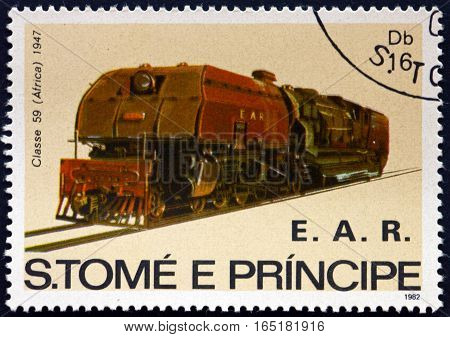 SAO TOME AND PRINIPE - CIRCA 1982: a stamp printed in Sao Tome and Principe shows Locomotive Class 59 Africa circa 1982