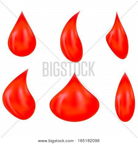 Vector Set of Red Blood Drops Isolated on White Background