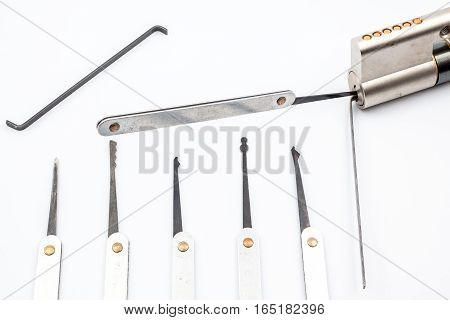 several lockpicking to open a lock on a door