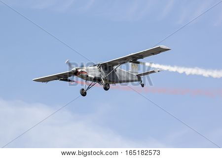 PRACHUAPKIRIKHAN THAILAND - JAN 14 2017: Light aircraft Pilatus PC-6 Finally the masses of the world are stationed of Thai air force flight show on children's day on January 14 2017 in Prachuapkirikhan Thailand.