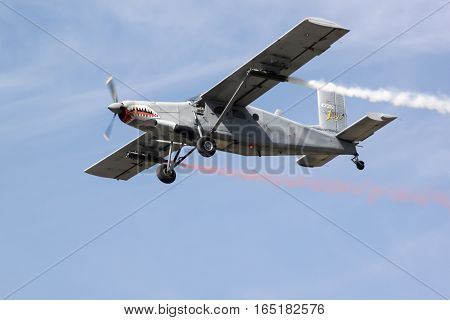 PRACHUAPKIRIKHAN THAILAND - JAN 14 2017: Light aircraft Pilatus PC-6 Finally the masses of the world are stationed of Thai air force flight show on children's day on January 14 2017 in Prachuapkirikhan Thailand.