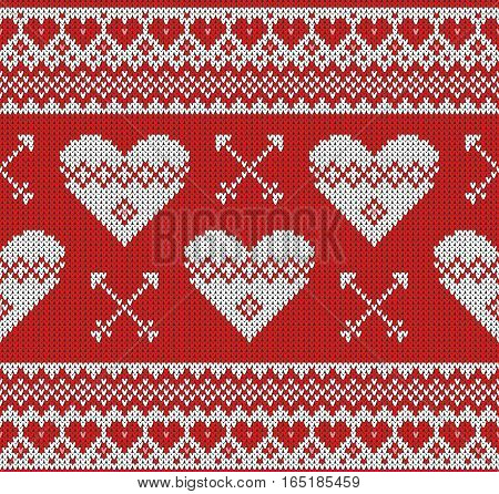 Seamless pattern on the theme of holiday Valentine's Day with an image of the Norwegian and fairisle patterns. White hearts and arrows on a red background. Wool knitted texture. Vector Illustration
