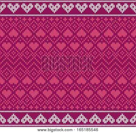Seamless pattern on the theme of holiday Valentine's Day with an image of the Norwegian and fairisle patterns. Red hearts on a pink background. Wool knitted texture. Vector Illustration