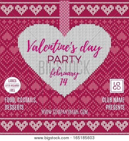Valentine's Day party flyer. Beautiful backdrop with red heart and bow on tape. Invitation to nightclub. Seamless pattern with an image of the Norwegian and fairisle patterns. Wool knitted texture. Vector Illustration.