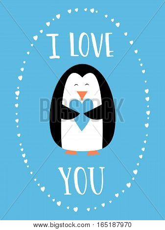 I love you card for Happy Valentines Day. Cute penguin holding heart.