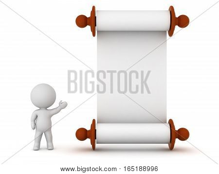 A small 3D character showing a large empty scroll of paper. Isolated on white background.