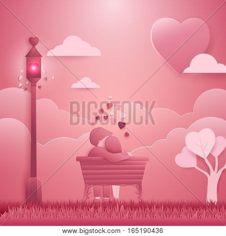 Invitation card Valentines day background. Couple sitting at the Romantic place concept falling in love. paper cut art origami style