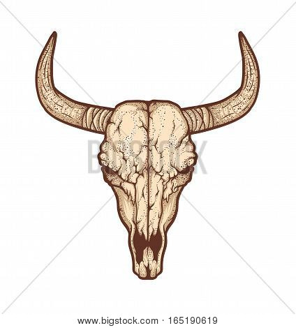 Bull skull native Americans tribal style. Dotted Tattoo blackwork. Vector hand drawn illustration. Boho design
