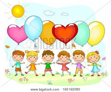Group of children with balloons. Cartoon kids with balloons in nature.