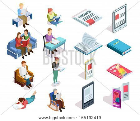 Isolated and colored isometirc reading icon set with people who read books magazines tablets in different places vector illustration