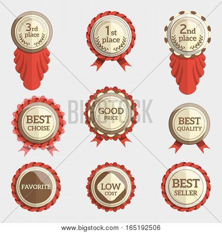 set of flat badges with text. vector badges with ribbons. collection of round medals or seals with inscription like best choise, good price, first place etc.