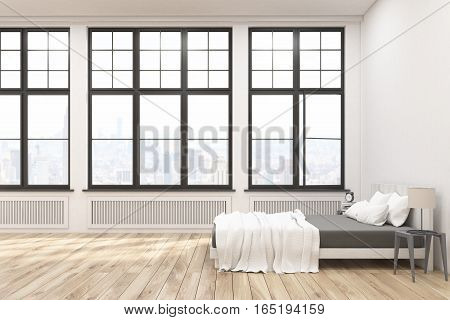 Side view of a master bedroom with a bed two bedside tables and three large windows in a white wall. 3d rendering. Mock up.