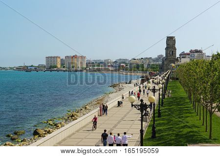 NOVOROSSIYSK RUSSIA - MAY 08.2016: embankment of the city of Novorossiysk with strolling people