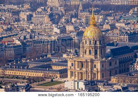 Paris from the top with the view of Les Invalides at daylight