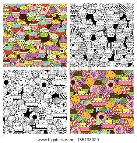 Seamless cute delicious cupcake and sweets doodle patterns. Vibrant and black and wnite versions. It includes sweet deserts with icing, cherry, strawberry, cream, chocolate, sprinkles, etc