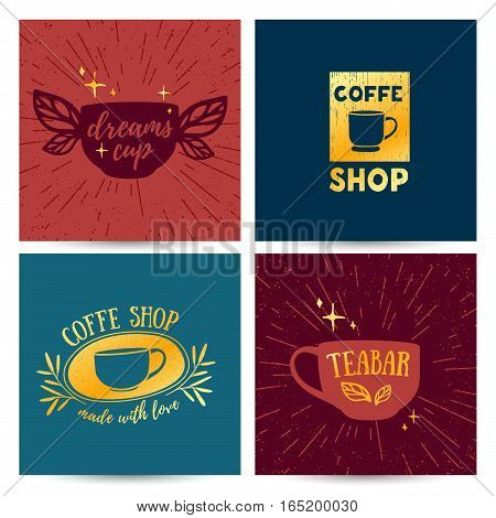 Set design template menu, card, poster with retro vintage logos for coffee shop, tea bar. Logos, symbol, label, badge with smoothies jar and a cup of tea. Silhouettes of utensils for the cafe.