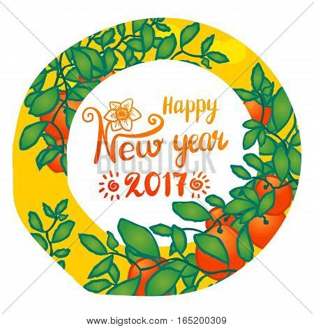 Chinese New Year, 2017. Branches of mandarin orange fruits. Hand drawn sketchy cartoon clip-art in circle, vector illustration for greeting card. Tangerines with leaves, lettering and narcissus flower