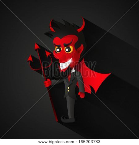Vector cartoon image of funny red devil with horns and tail standing and frightening someone on a white background.