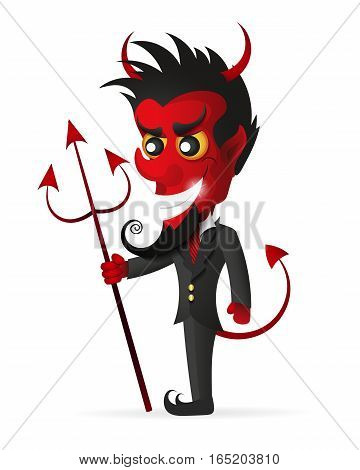 Vector cartoon image of funny red devil with horns and tail standing and frightening someone on a white background.