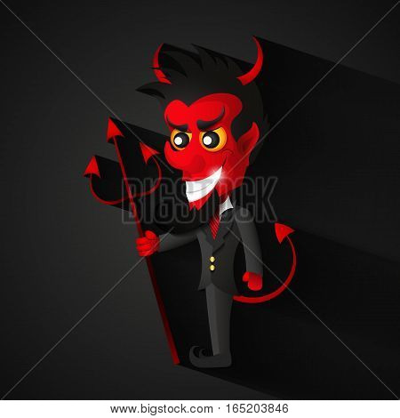 Vector cartoon image of funny red devil with horns and tail standing and frightening someone on a white background.