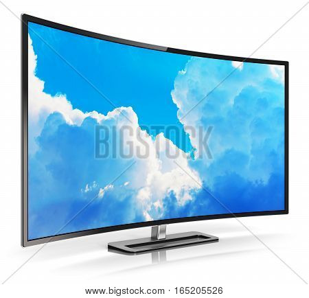 3D render illustration of curved LED 4K UltraHD TV or computer PC monitor display with colorful blue sky with clouds picture isolated on white background with reflection effect