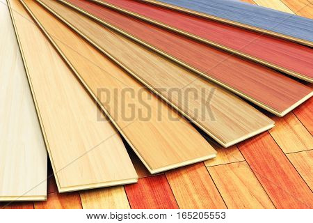 3D render illustration of the set of color wooden laminated construction planks on new brown polished wood parquet floor