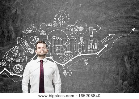Portrait of a confident bearded businessman standing near a blackboard wall with a white growing graph and business icons above it.