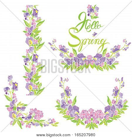 Set of border frame vignette with flowers and calligraphic handwritten text Hello Spring isolated on white background.
