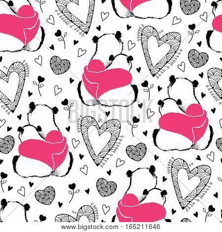 Vector seamless pattern with panda couple in love and ornate heart on the white background. Design elements and holiday symbols in contour style for Valentine day. Romantic background with panda.
