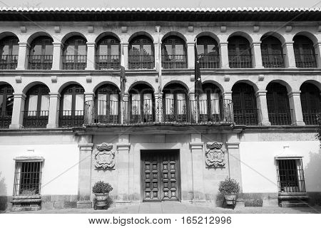 Ronda (Andalucia Spain): facade of the Ayuntamiento historic town hall. Black and white