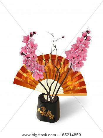 Ikebana. Composition. Sakura on the background of a fan with a picture of the cock. Isolated on white photo-realistic. vector illustration