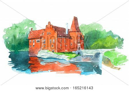 Castle Cervena Lhota famous landmarks travel and tourism waercolor illustration.