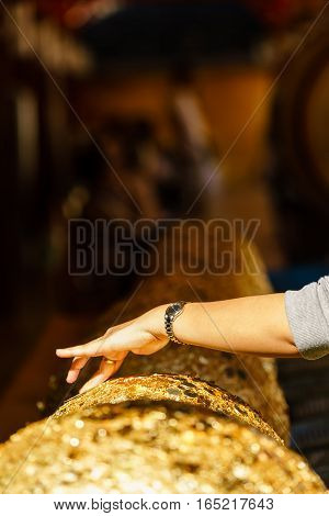 Gold Foil Leaf On Circle Stone In Buddhist Temple Thailand
