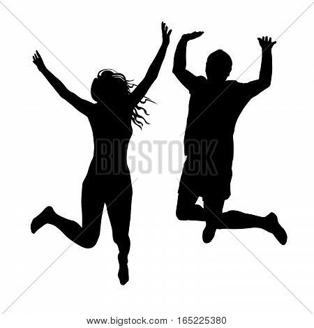 Couple of woman and man silhouettes jumping