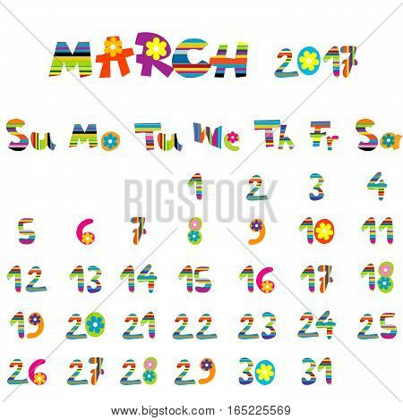 Cute March 2017 calendar for kids on white background