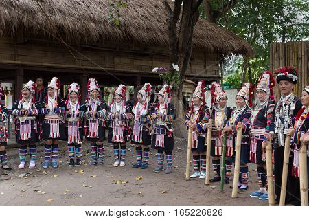 CHIANG MAI, THAILAND, JANUARY 11: Thailand akha hill tribe waiting to perform traditional dance show for tourist in 